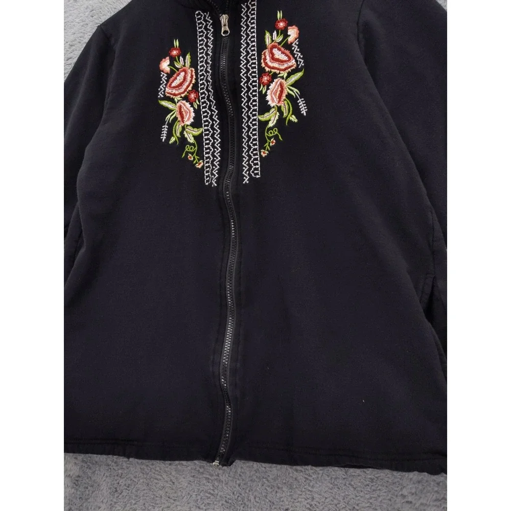 Collections etc‎ Black Embroidered Floral Full Zip Mock Neck Jacket Sz M